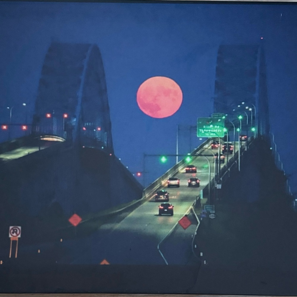 Framed Bridge Nightscape Print with Pink Moon